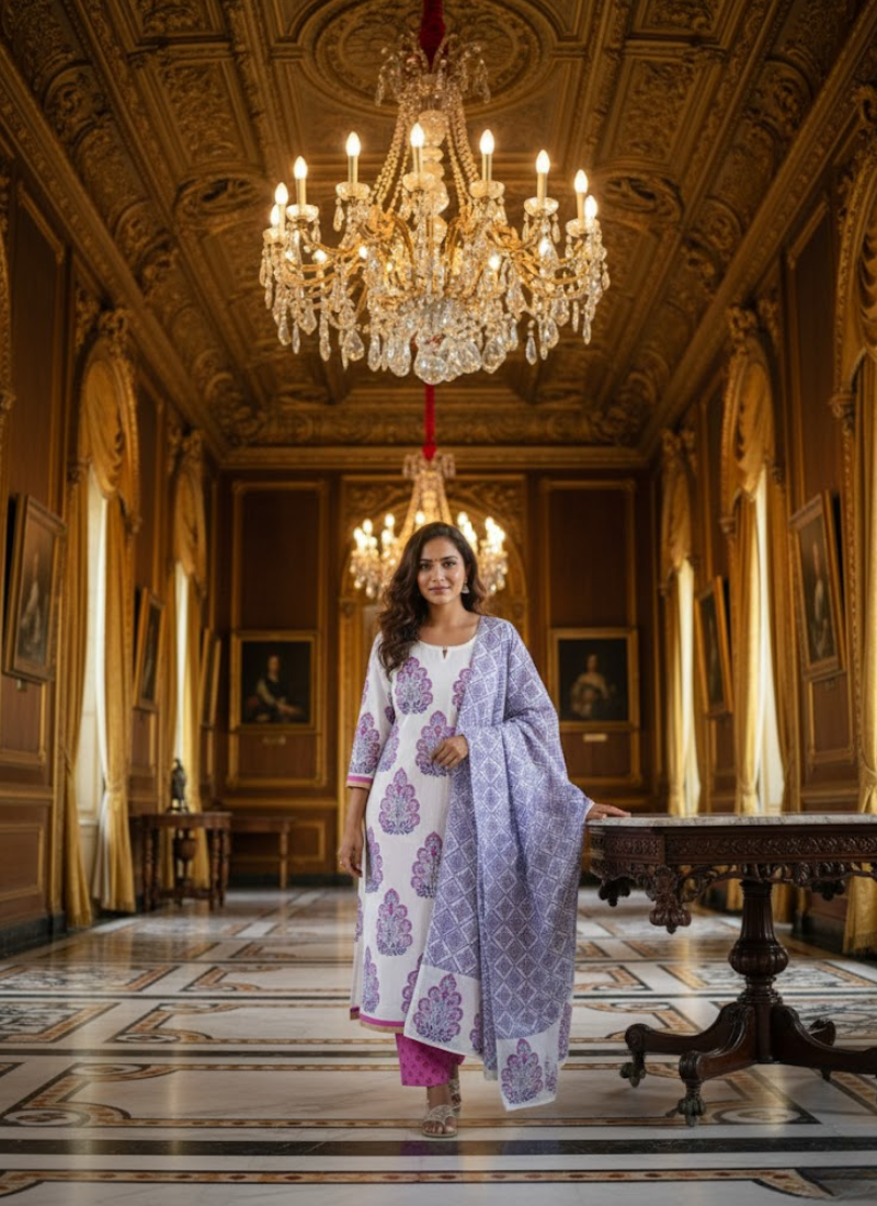 Cotton Block Printed Salwar Suit – White, Blue & Pink