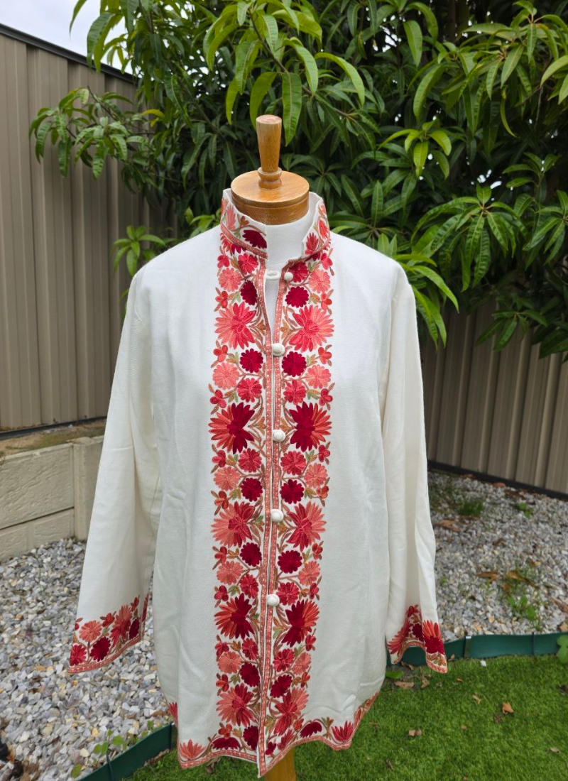 Kashmiri Pashmina Half Coat – Embroidered White