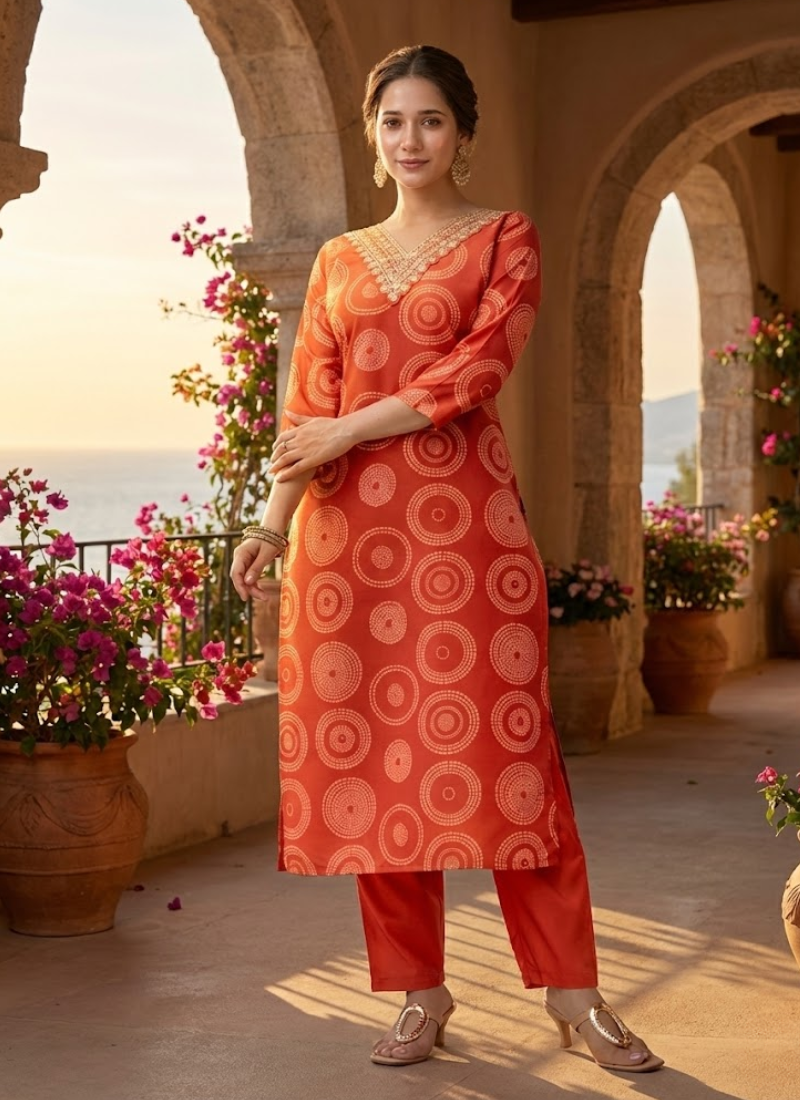 Orange Rayon Punjabi Suit with Embroidery & Taby Dupatta