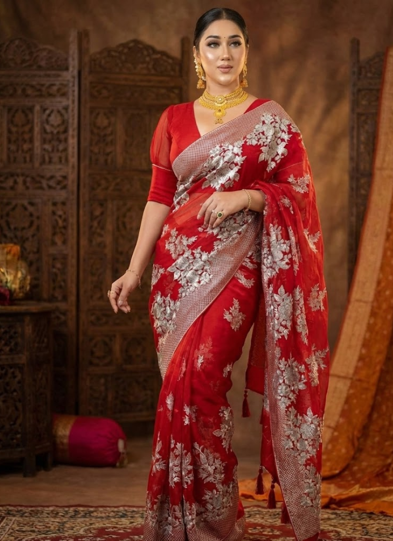 Red Maslin Saree with Golden & White Thread Work
