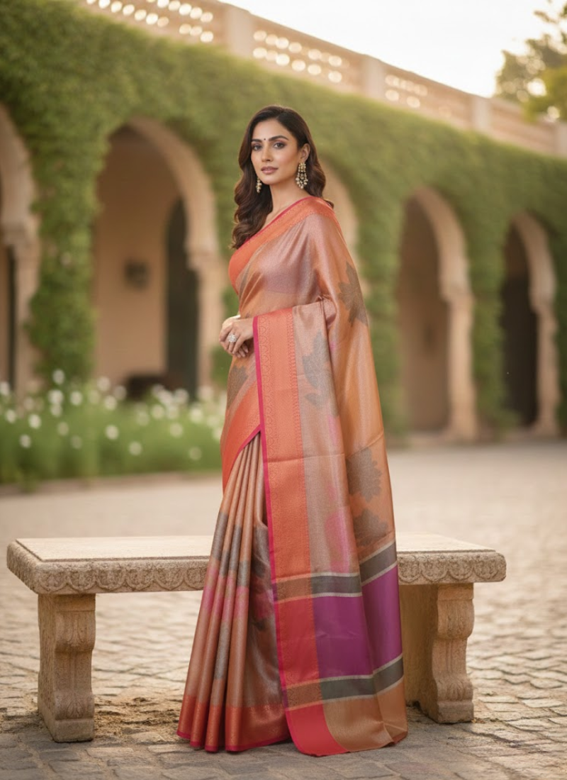 Banarasi Organza Tissue Saree – Rose Gold