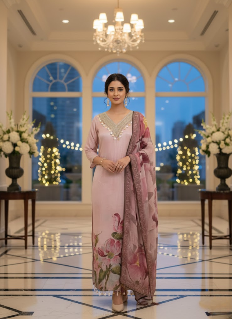 Light Pink Salwar Kameez with Embroidery & Printed Dupatta