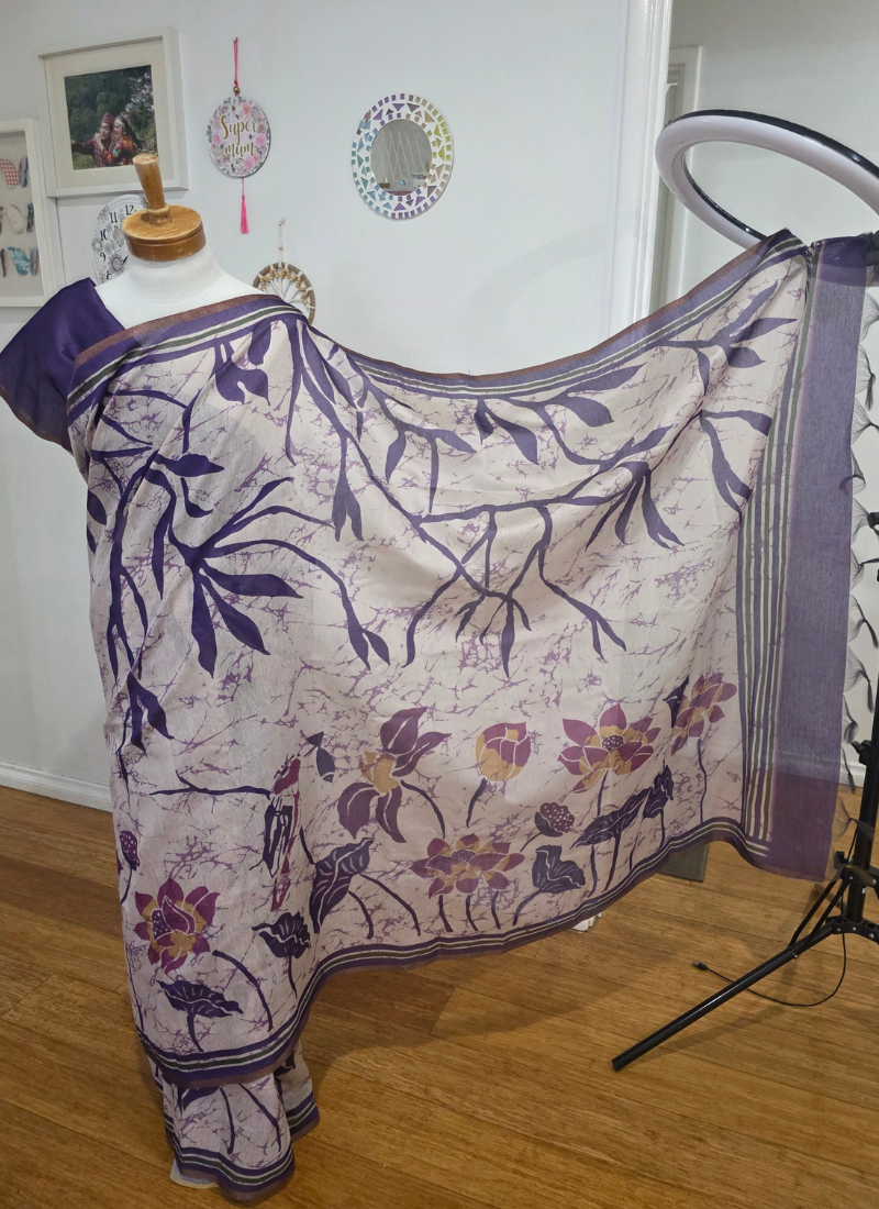 Dhanwari Silk Saree with Floral Print & Zari Border + Contrast Blouse