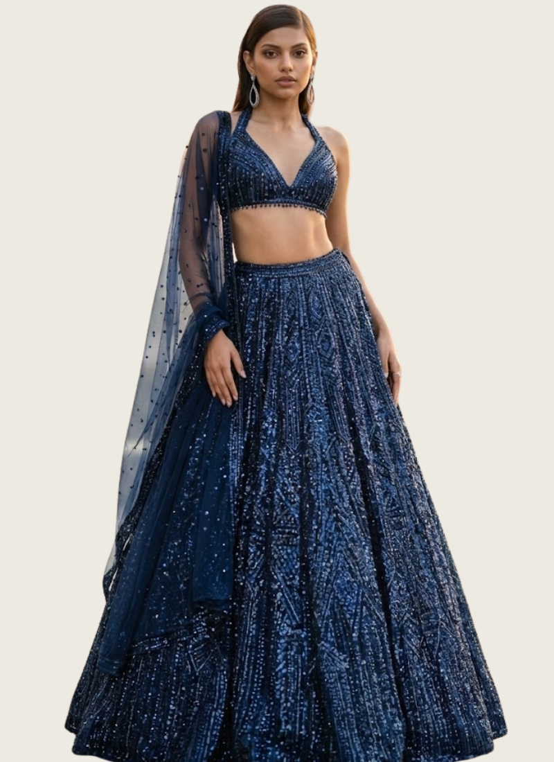Net Lehenga Choli with Sequins & Dori Embroidery + Dupatta