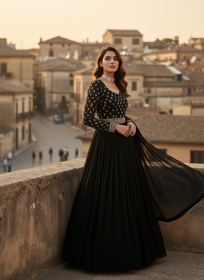 Black Anarkali Salwar Suit in Faux Georgette with Handwork & Diamond Lace Dupatta