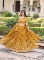 Mustard Yellow Vichitra Silk Lehenga Choli with Heavy Sequins & Zari Embroidery + Dupatta 2
