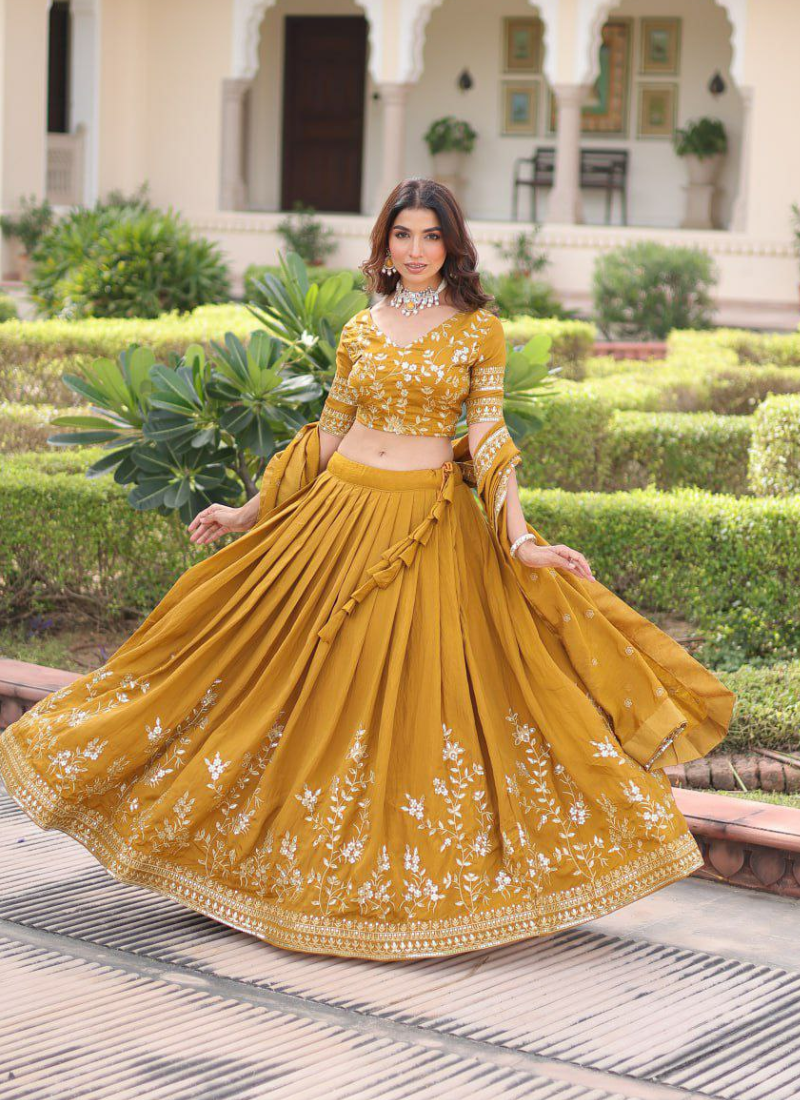 Mustard Yellow Vichitra Silk Lehenga Choli with Heavy Sequins & Zari Embroidery + Dupatta
