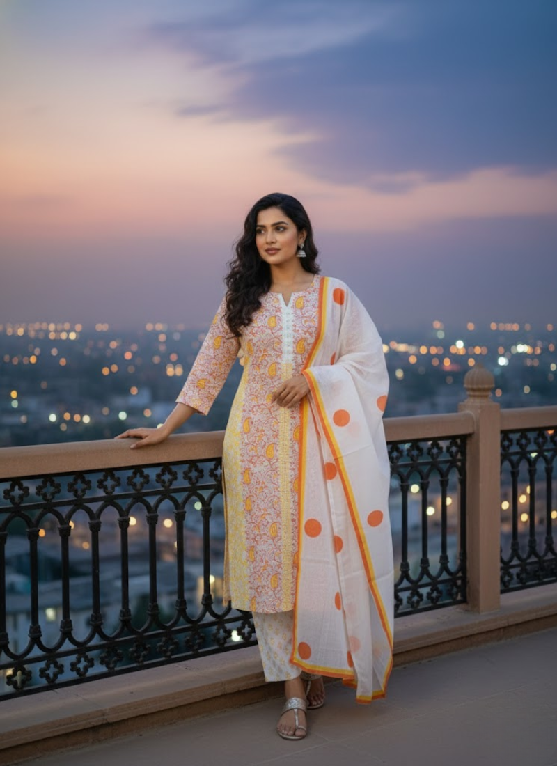 Cotton Block Printed Salwar Suit – White & Orange