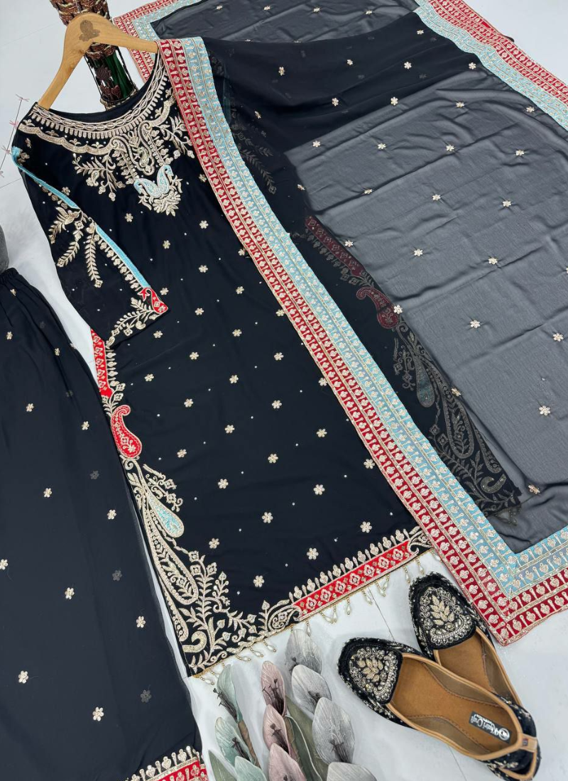 Black Georgette Shalwar Kameez with Sequins & Pearl Mirror Work + Dupatta
