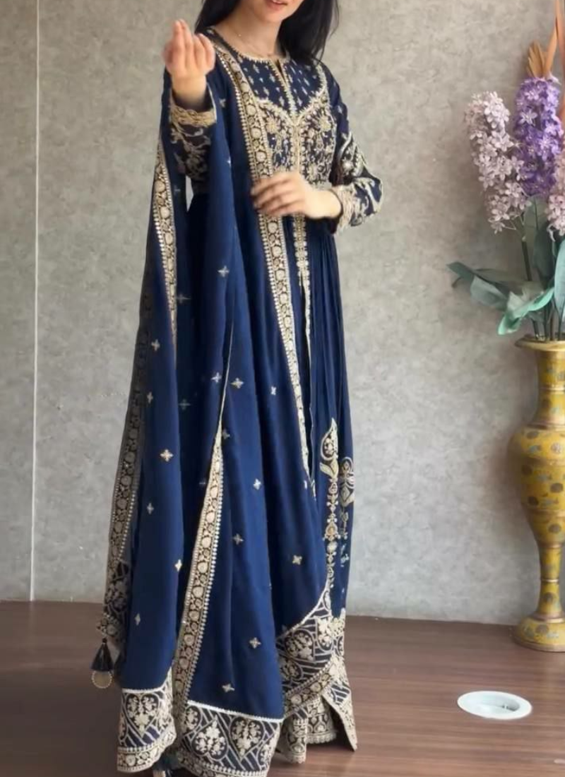 Faux Georgette Anarkali Gown with Thread & Sequins Embroidery + Dupatta