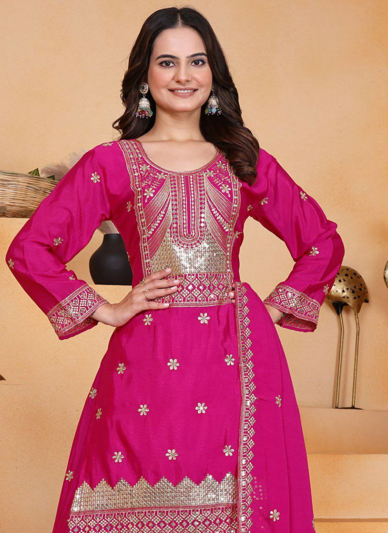 Sharara Suit in Chinon with Sequins Embroidery Work + Dupatta - View 7