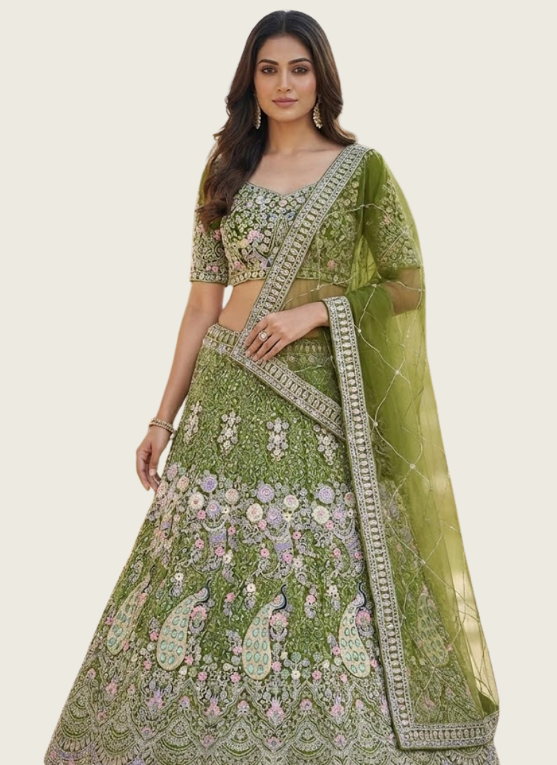 Mehendi Green Butterfly Net Lehenga Choli with Sequins & Coding Embroidery + Dupatta | Gleemiumfashion