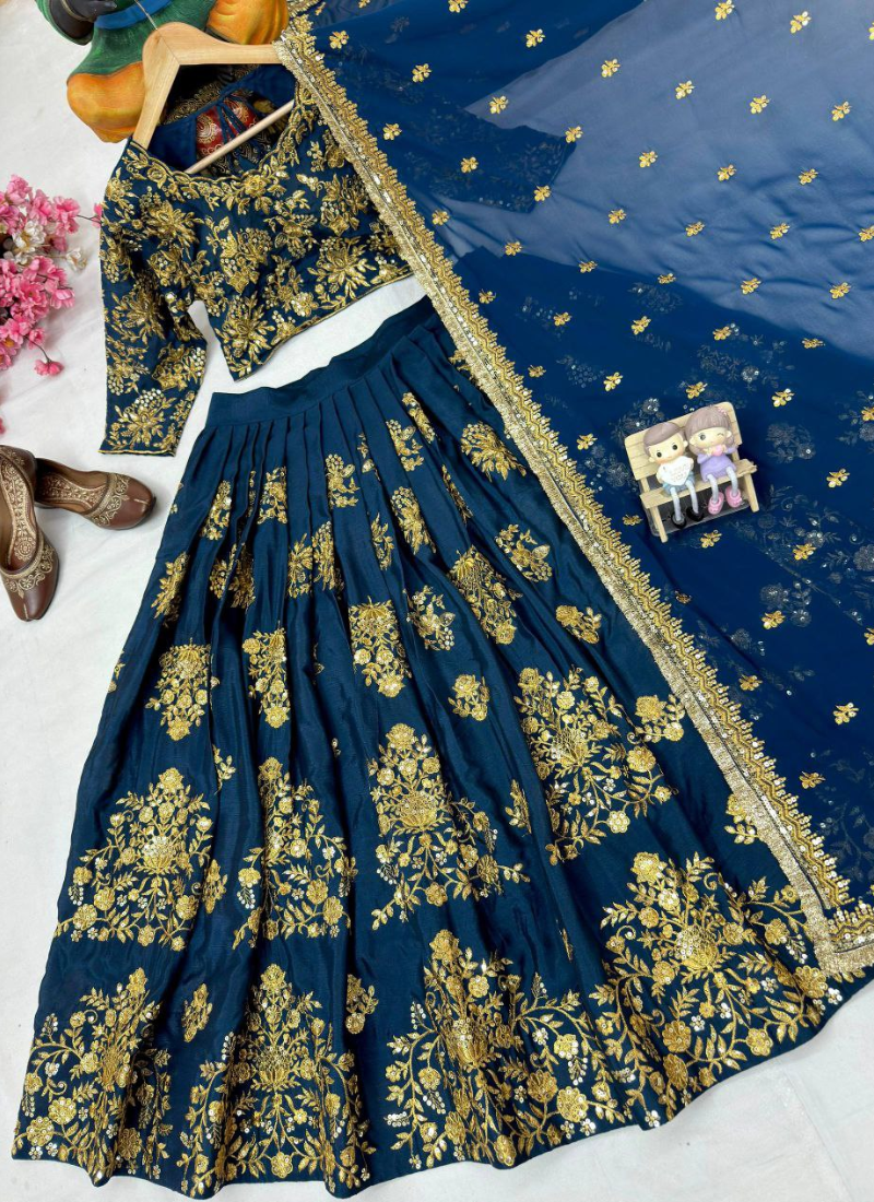 Heavy Chinon Silk Lehenga Choli with Sequins & Zari Embroidery + Lace Dupatta