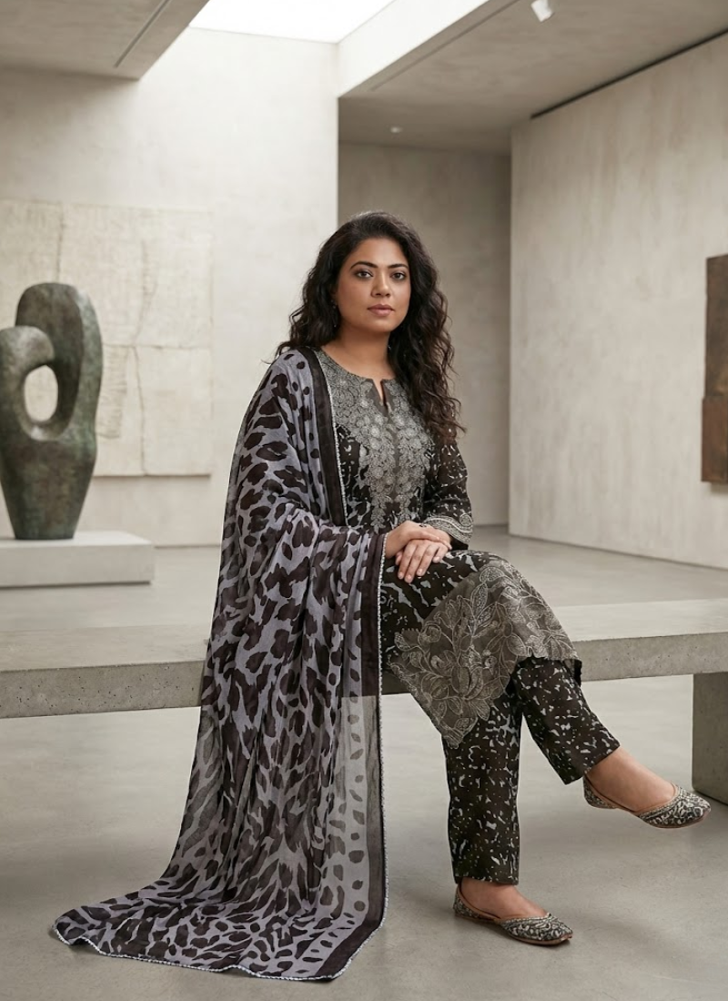 Pakistani lawn cotton salwar kameez with chiffon dupatta, lace sleeves, embroidery, tassels, and premium detailing