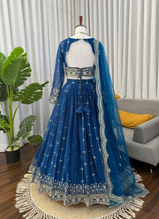 Royal Blue Faux Georgette Lehenga Choli with Thread & Sequins Embroidery + Net Dupatta 7
