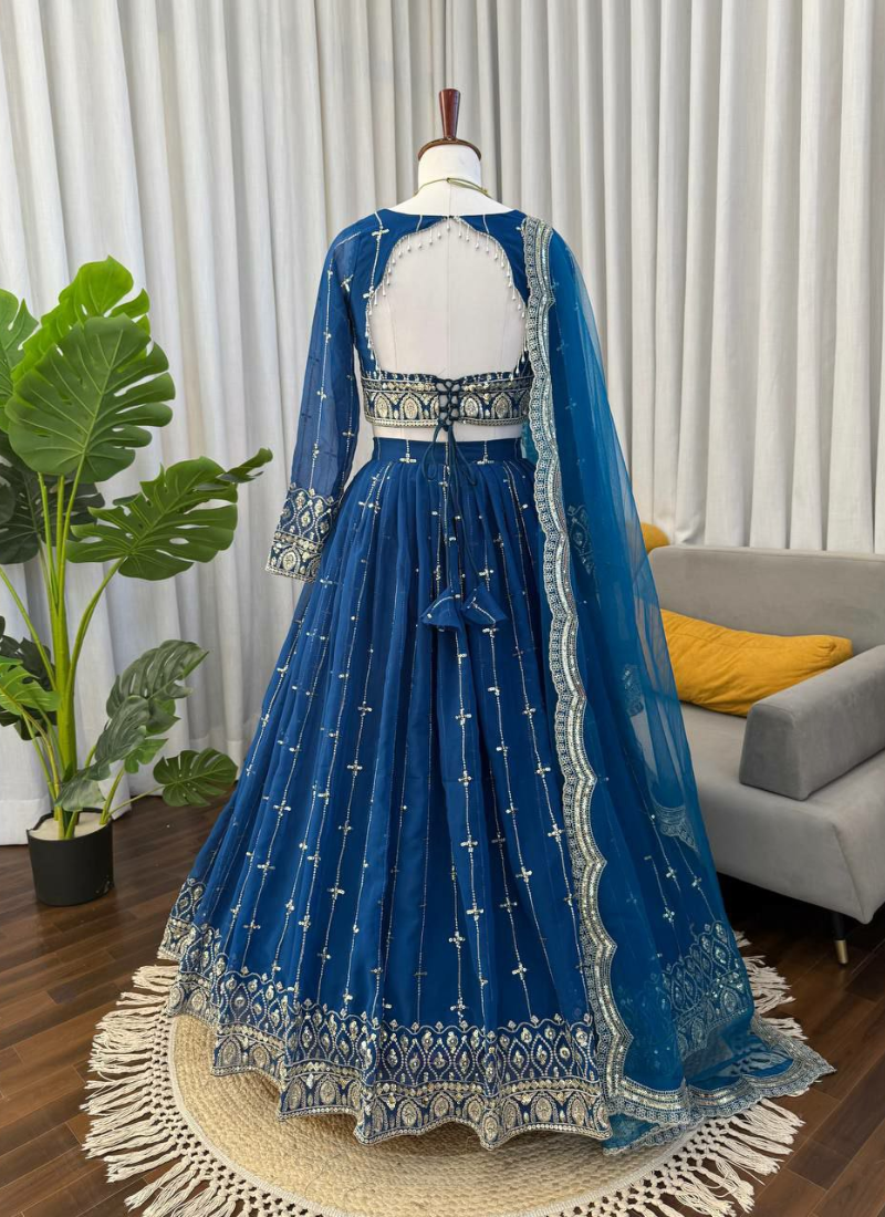 Royal Blue Faux Georgette Lehenga Choli with Thread & Sequins Embroidery + Net Dupatta
