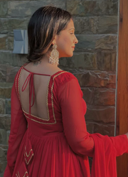 Red Anarkali Gown in Heavy Faux Blooming with Plazzo & Dupatta 6
