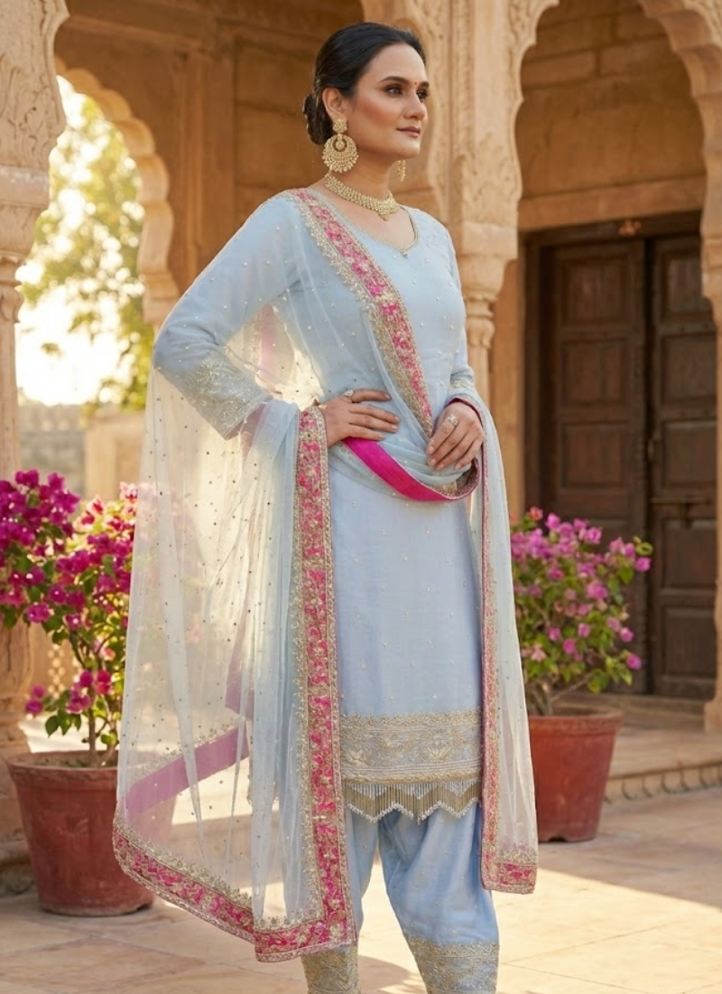 Heavy Georgette Farshi Plazzo Suit with Embroidery & Dupatta