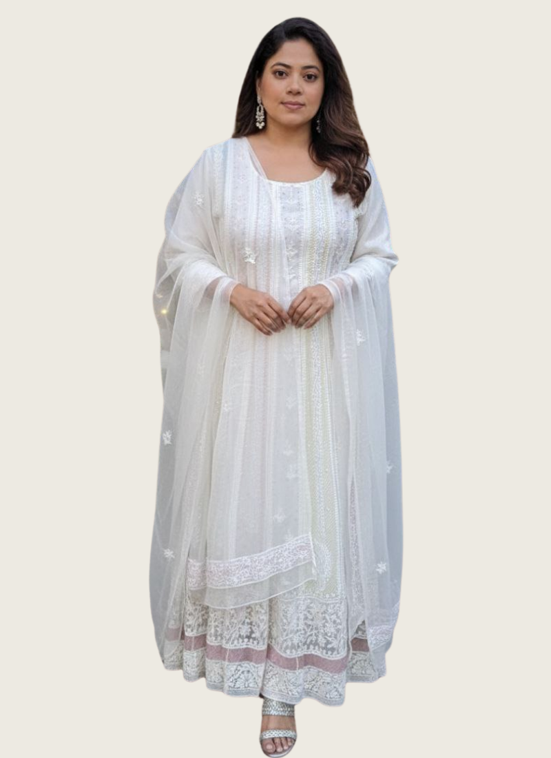 White Handmade Lucknowi Anarkali in Maslin Organza