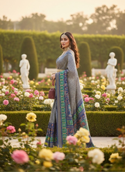 Blue-Green Patoka Saree – Silver Border & Elephant Pallu 7