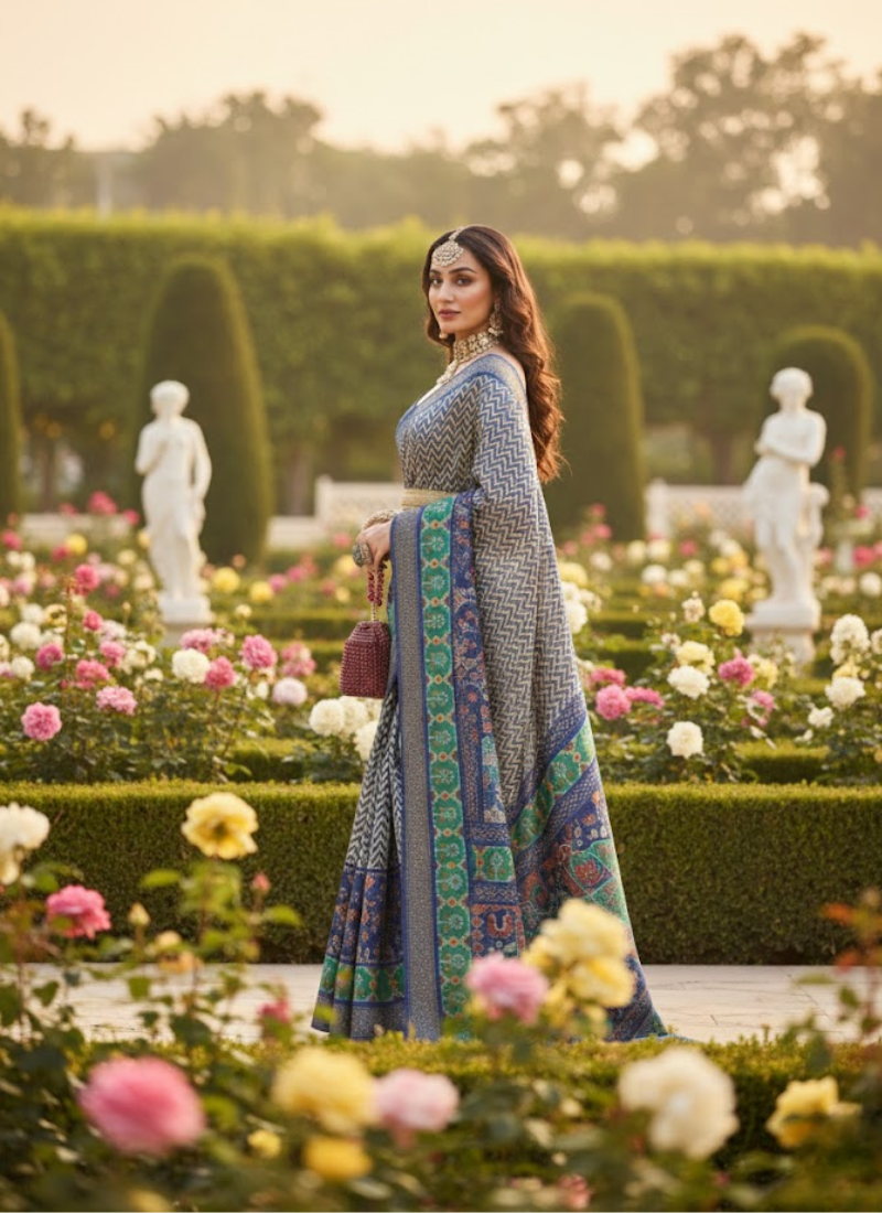 Blue-Green Patoka Saree – Silver Border & Elephant Pallu