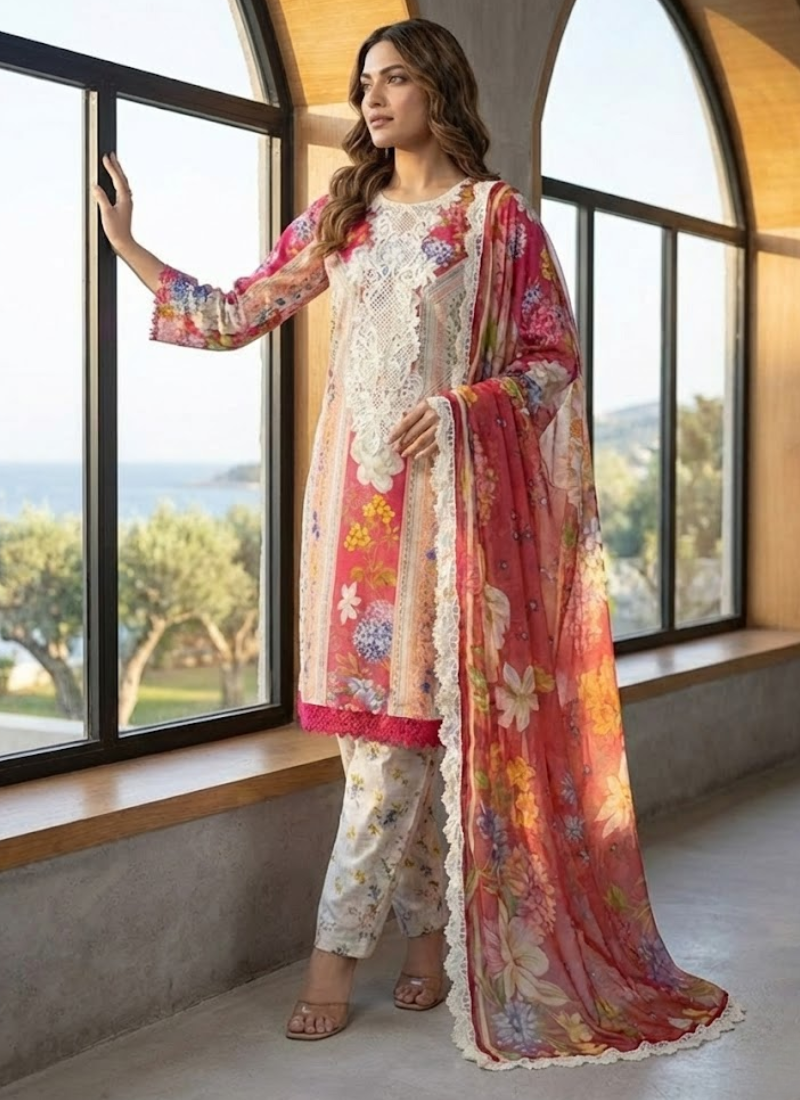 Elegant Pakistani salwar kameez in lawn cotton with chiffon dupatta and lace work on sleeves