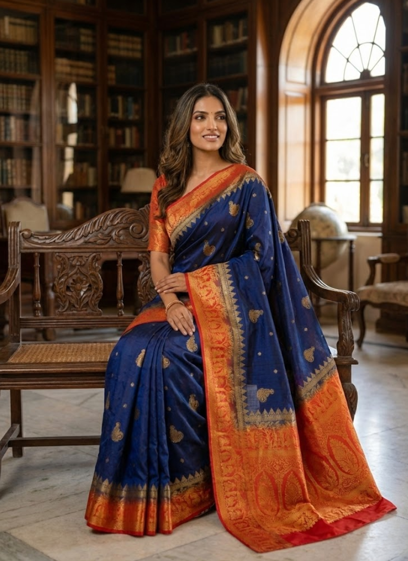 Baluchuri Silk Saree – Navy Blue & Red Border With blouse Piece