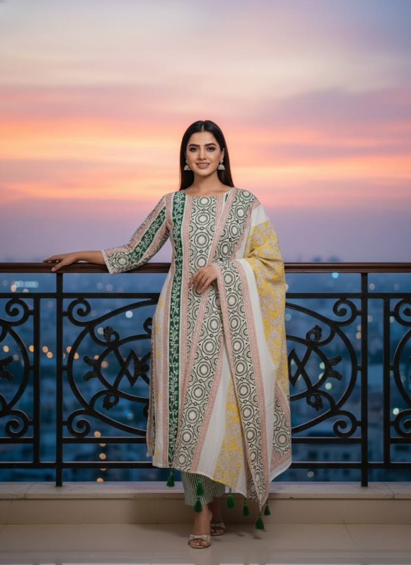 Cotton Block Printed Salwar Suit – White, Yellow & Green