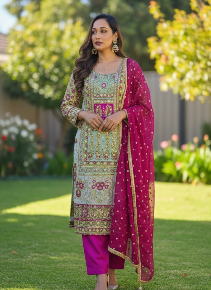 Pakistani Kameez in Chinnon silk with hand embroidery