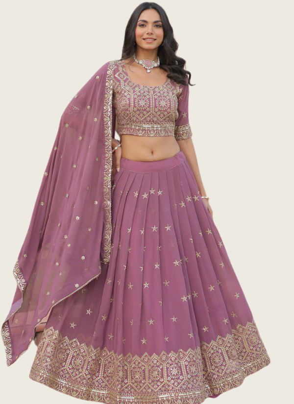Faux Georgette Lehenga Choli with Sequins & Zari Embroidery + Lace Dupatta Australia