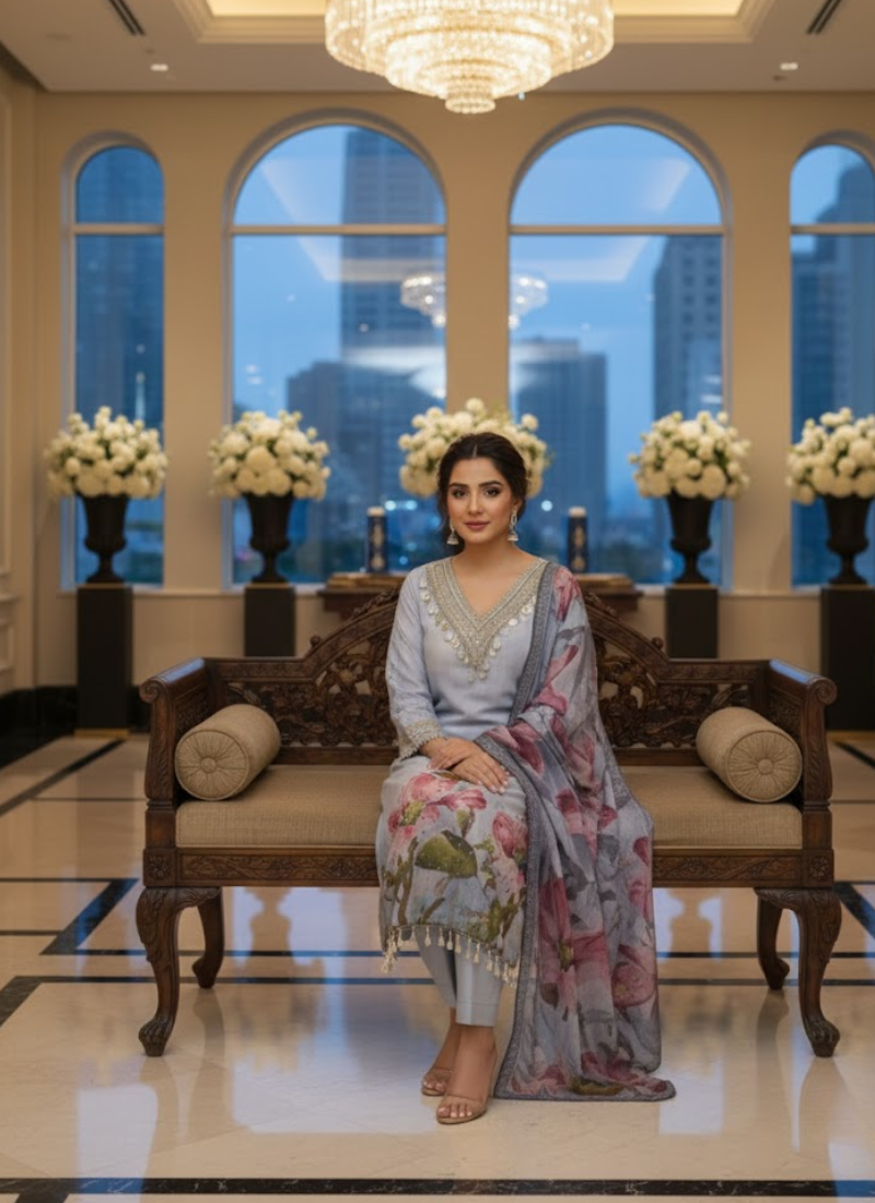 Light Purple Salwar Kameez with Embroidery & Printed Dupatta