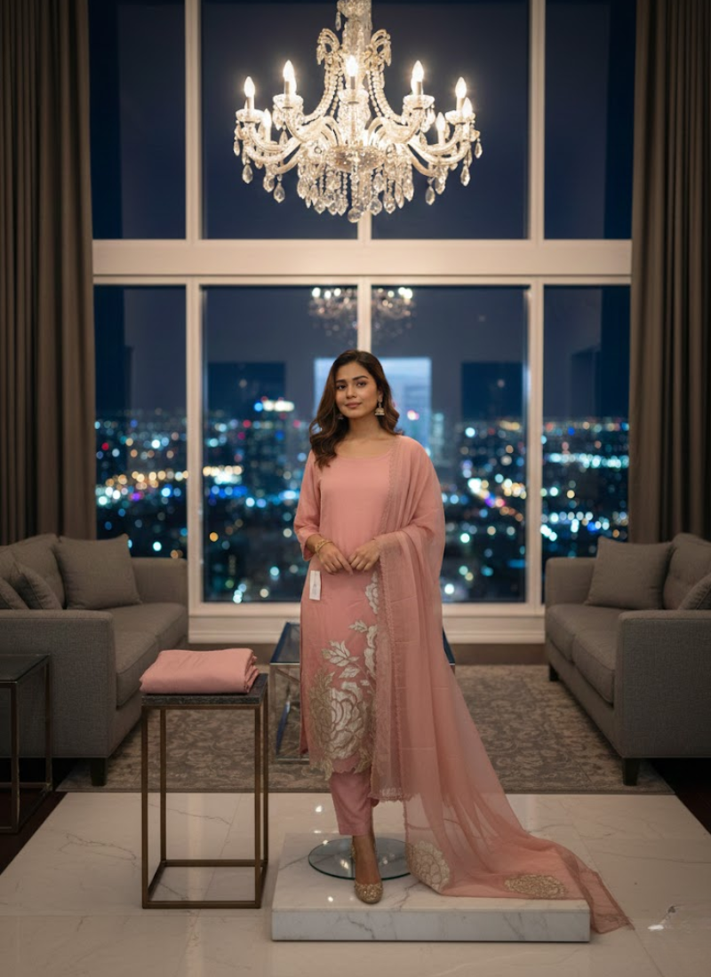 Peach Pink Silk Organza Salwar Kameez with Cut Work Dupatta