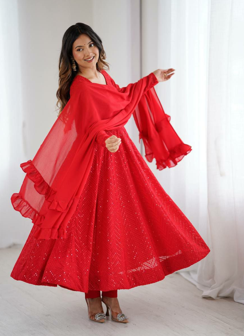 Red Fox Georgette Anarkali Suit with Sequins Work & Ruffle Dupatta