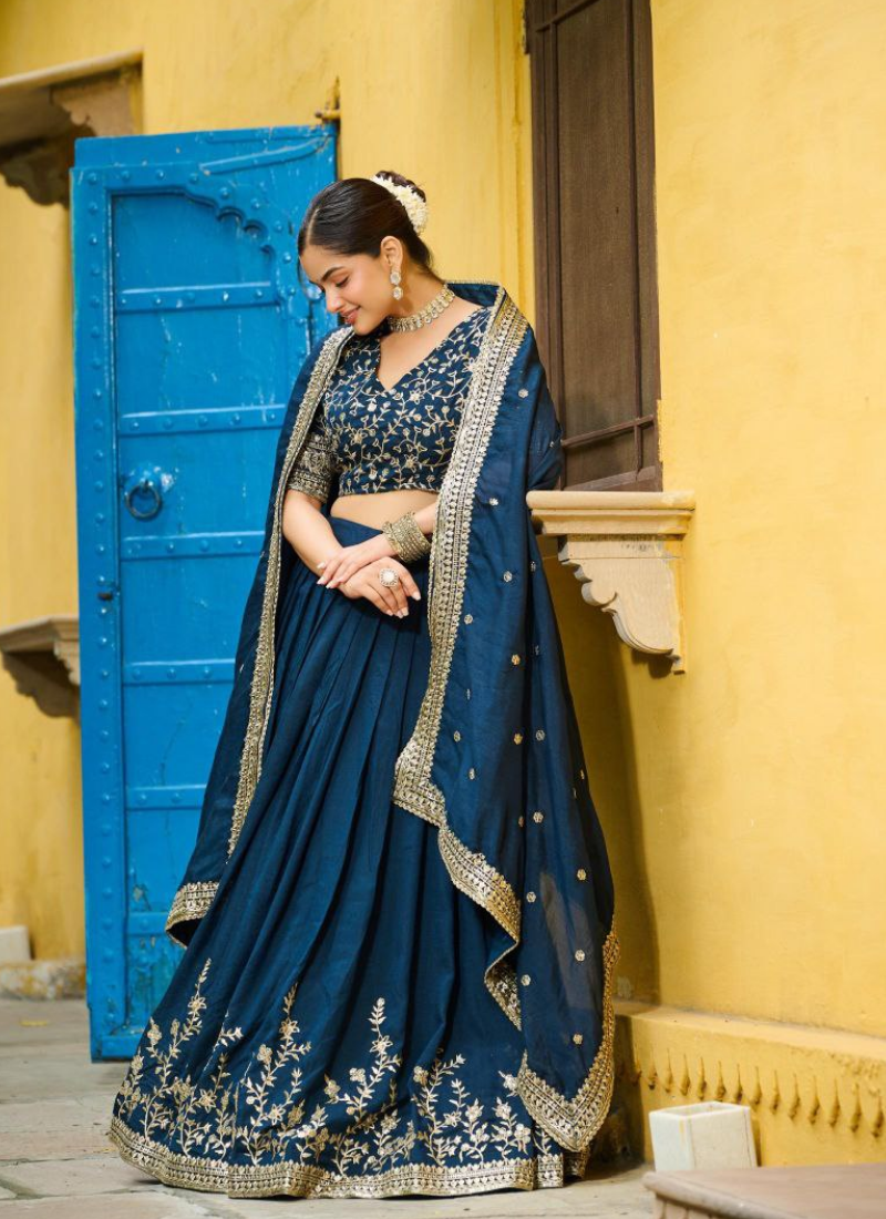 Vichitra Silk Sequins Embroidered Lehenga Set