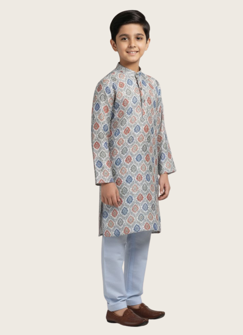 Multicolor Kurta with White Cotton Pyjama – Kids Ethnic Set