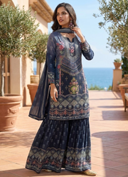 Deep Navy Blue Chinon Silk Sharara Suit with Mirror & Stone Work + Dupatta 3