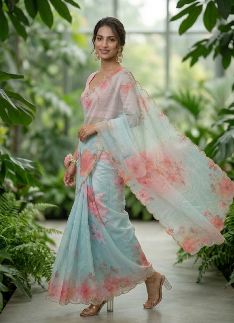 Pastel Maslin Saree with Pipe Sequins Hand Work