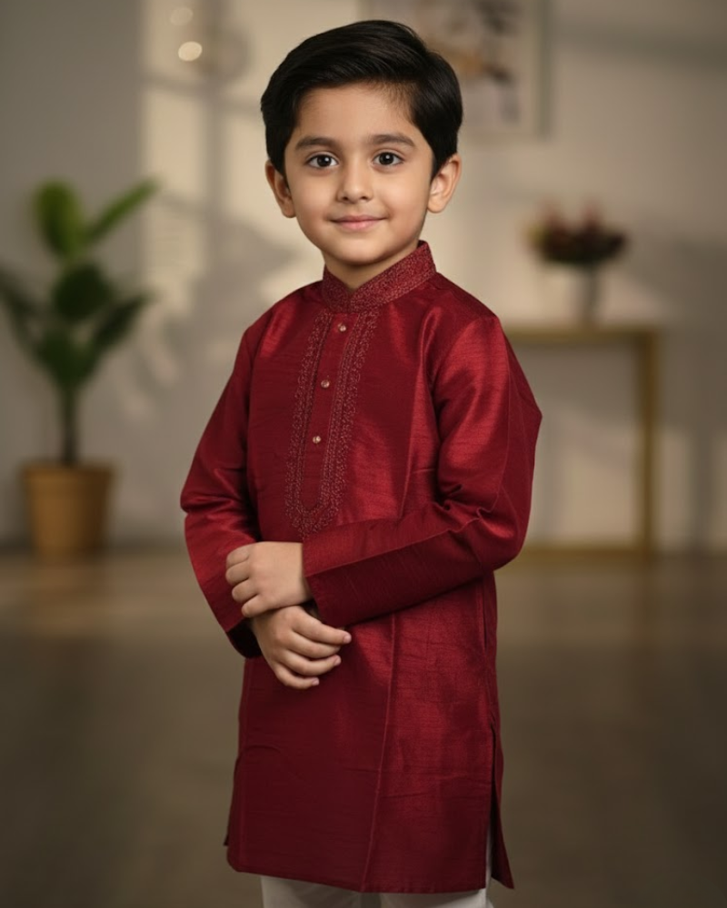 Kids Maroon Raw Silk Kurta with White Cotton Pyjama