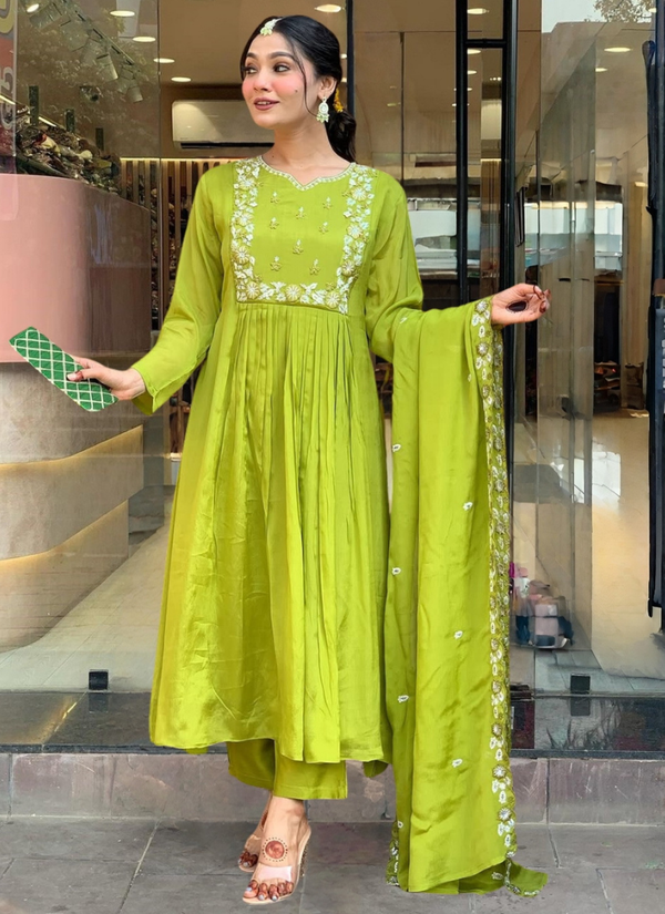 Lemon Yellow Chinon Kurta Set with Dupatta