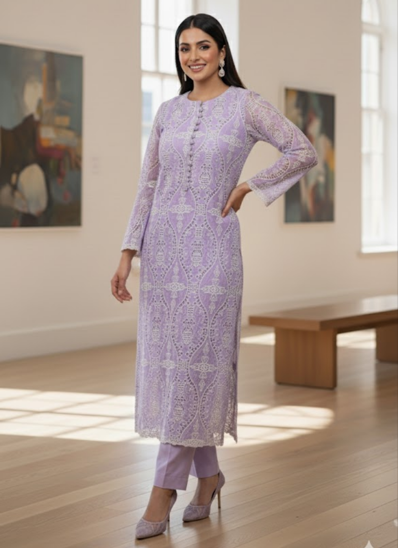 Lilac Silk Chikankari Co-Ord Set with Divider Bottom - View 5