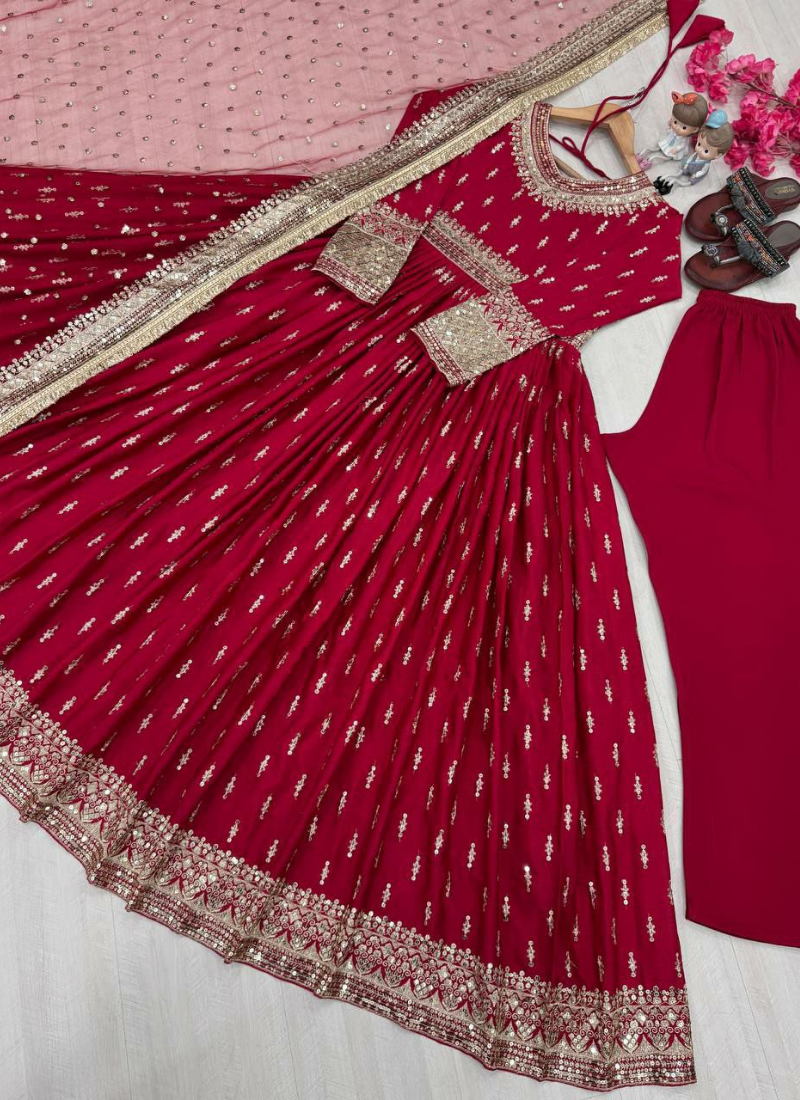 Chinon Silk Embroidered Gown Set with Net Dupatta