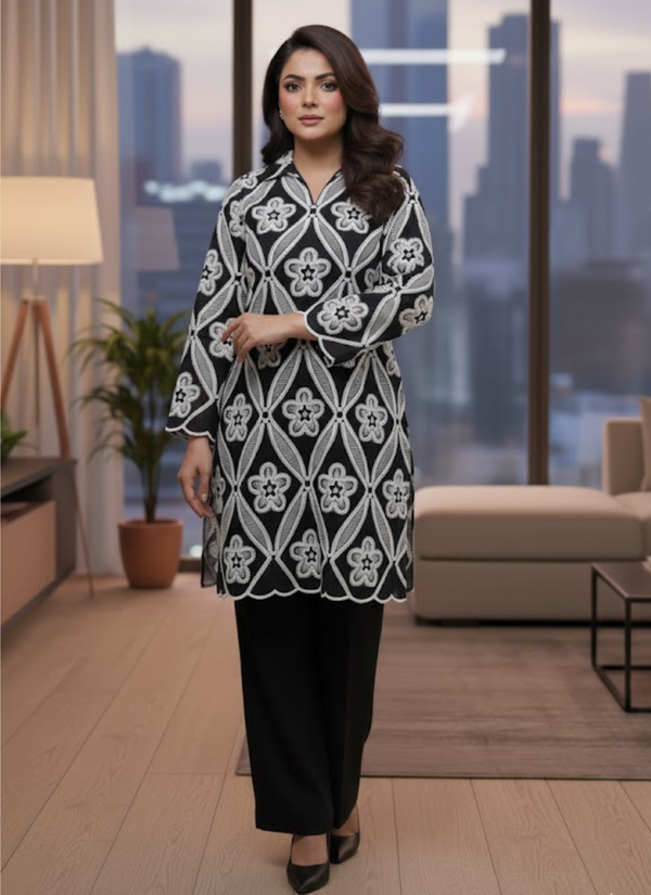 Yellow Silk Chikankari Co‑Ord Set with Divider Bottom