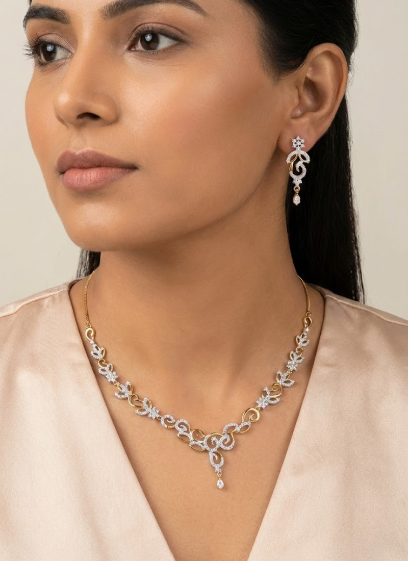 Silver & Gold Necklace Set with Earrings and Diamond Cut Stones