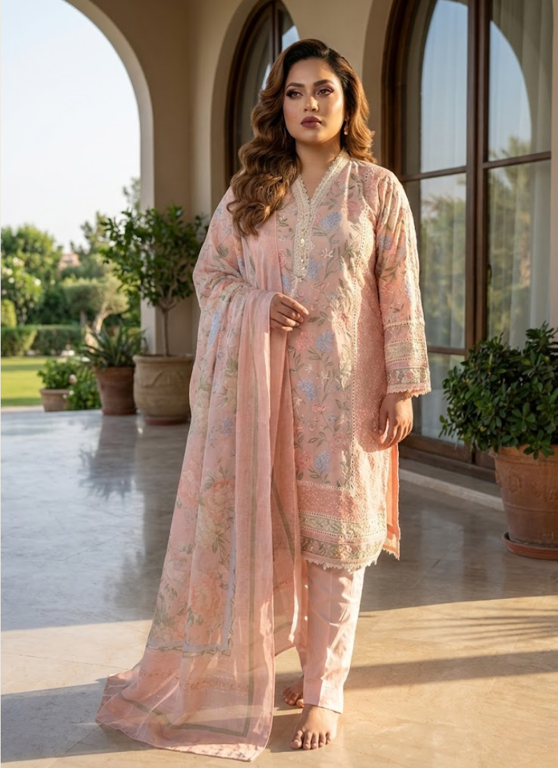 Light Peach Pink Chiffon Salwar Kameez with Embroidery
