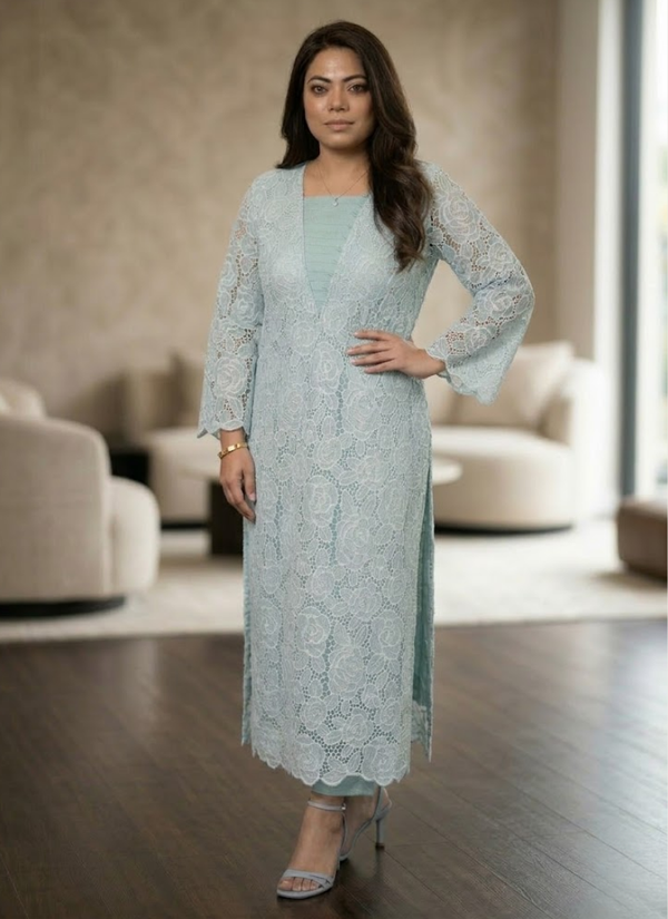 Light Pest Silk Chikankari Co‑Ord Set with Divider Bottom