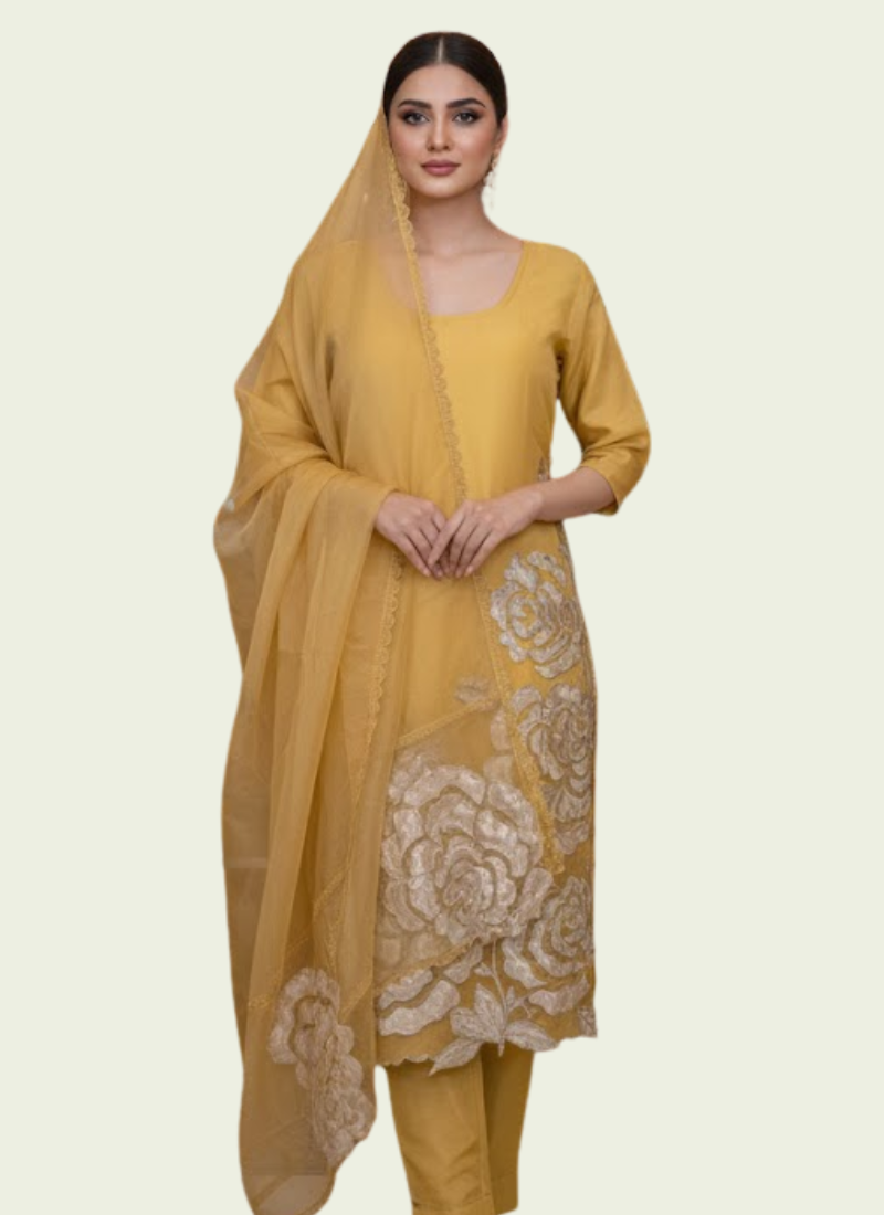 Yellow Gold Silk Organza Salwar Kameez with Cut Work Dupatta