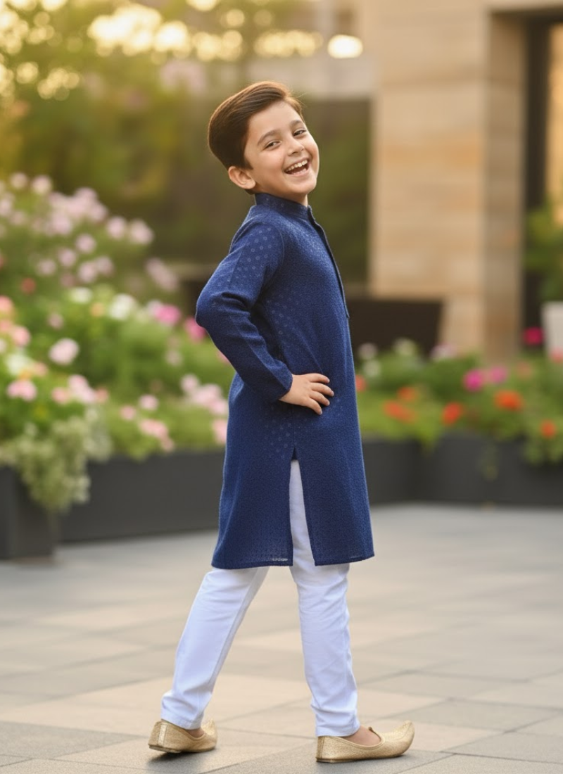 Navy Blue Kids Kurta Pajama – Festive Silk Kurta with Cotton Pyjama