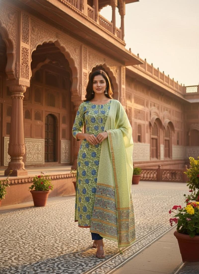 Cotton Block Printed Salwar Suit – Lemon & Blue