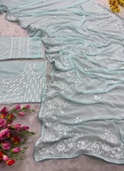Baby Blue Georgette Saree with Thread Embroidery & Sequins Work + Blouse Piece 7