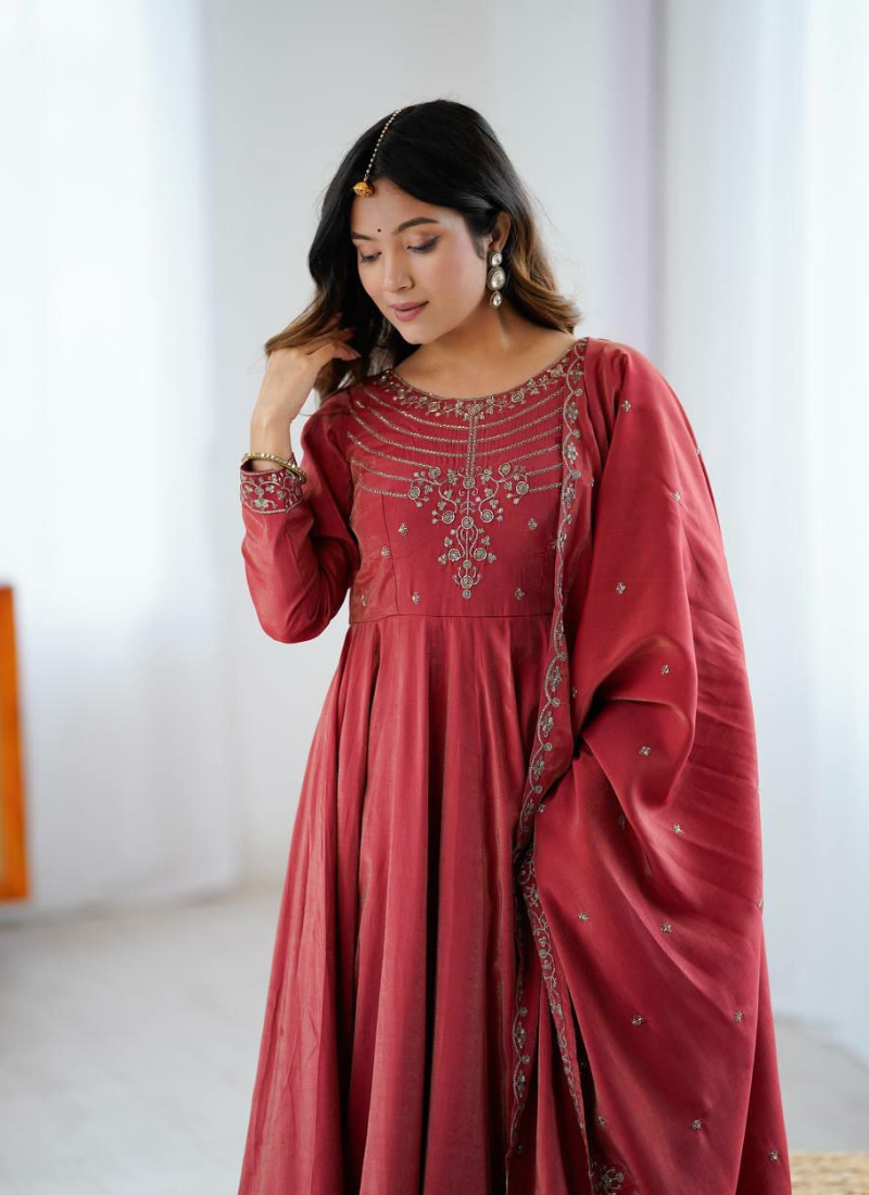 Roman Shimmer Chanderi Silk Anarkali Suit with Beads Work & Dupatta